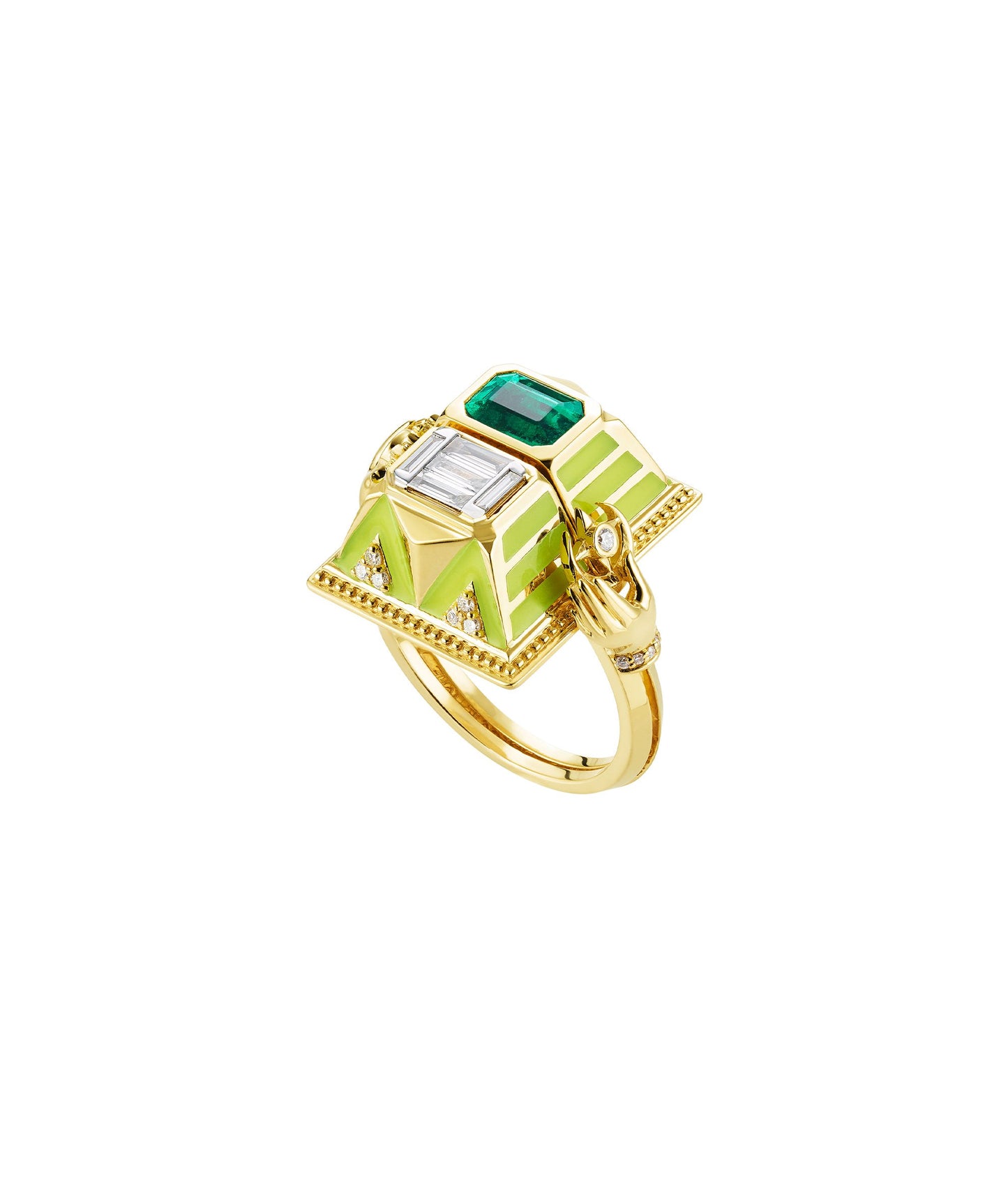 'Memento Mori' Emerald and Diamond Cocktail Ring with Yellow Neon Enamel - Medium Size