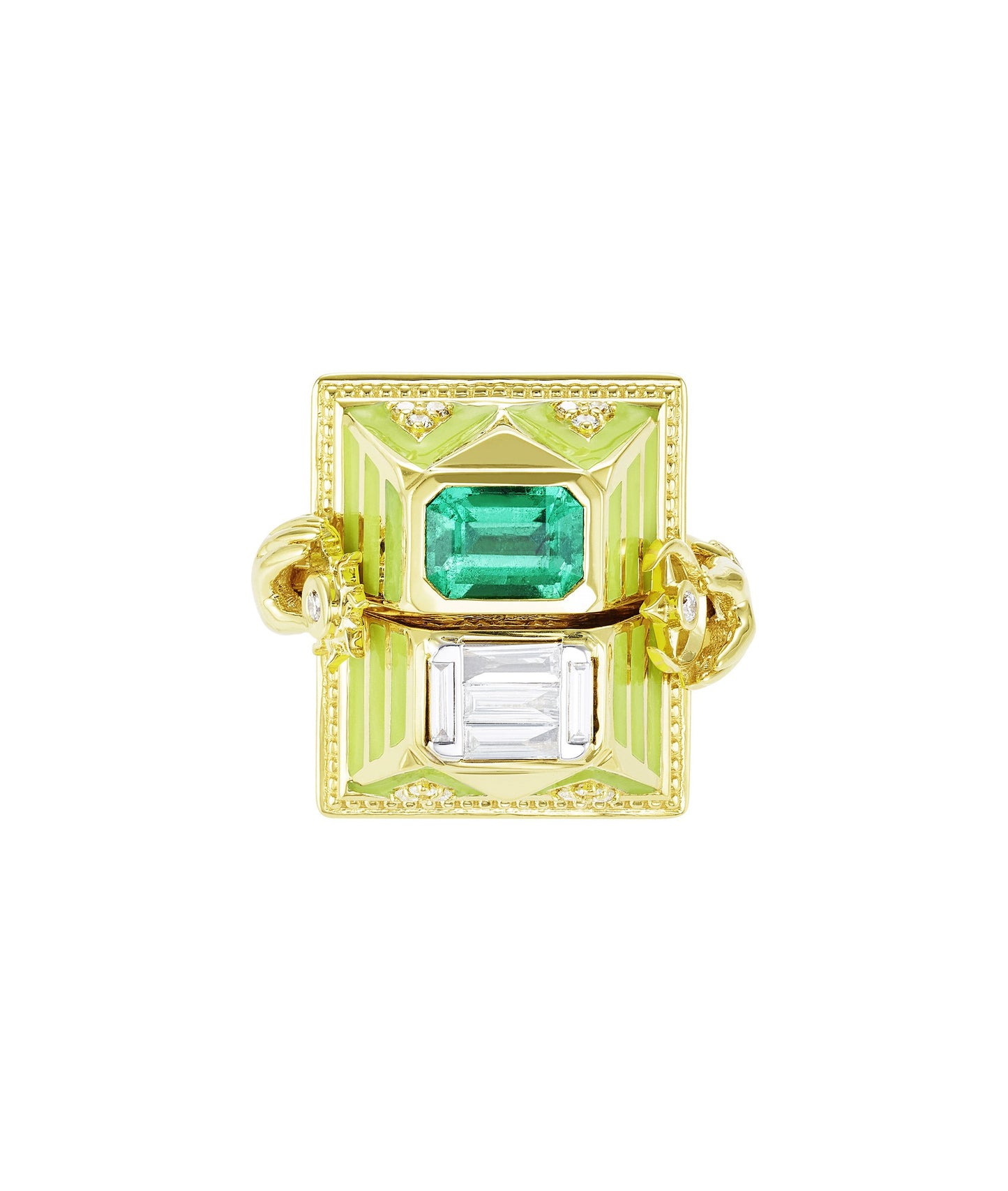 'Memento Mori' Emerald and Diamond Ring with Yellow Neon Enamel - Medium Size