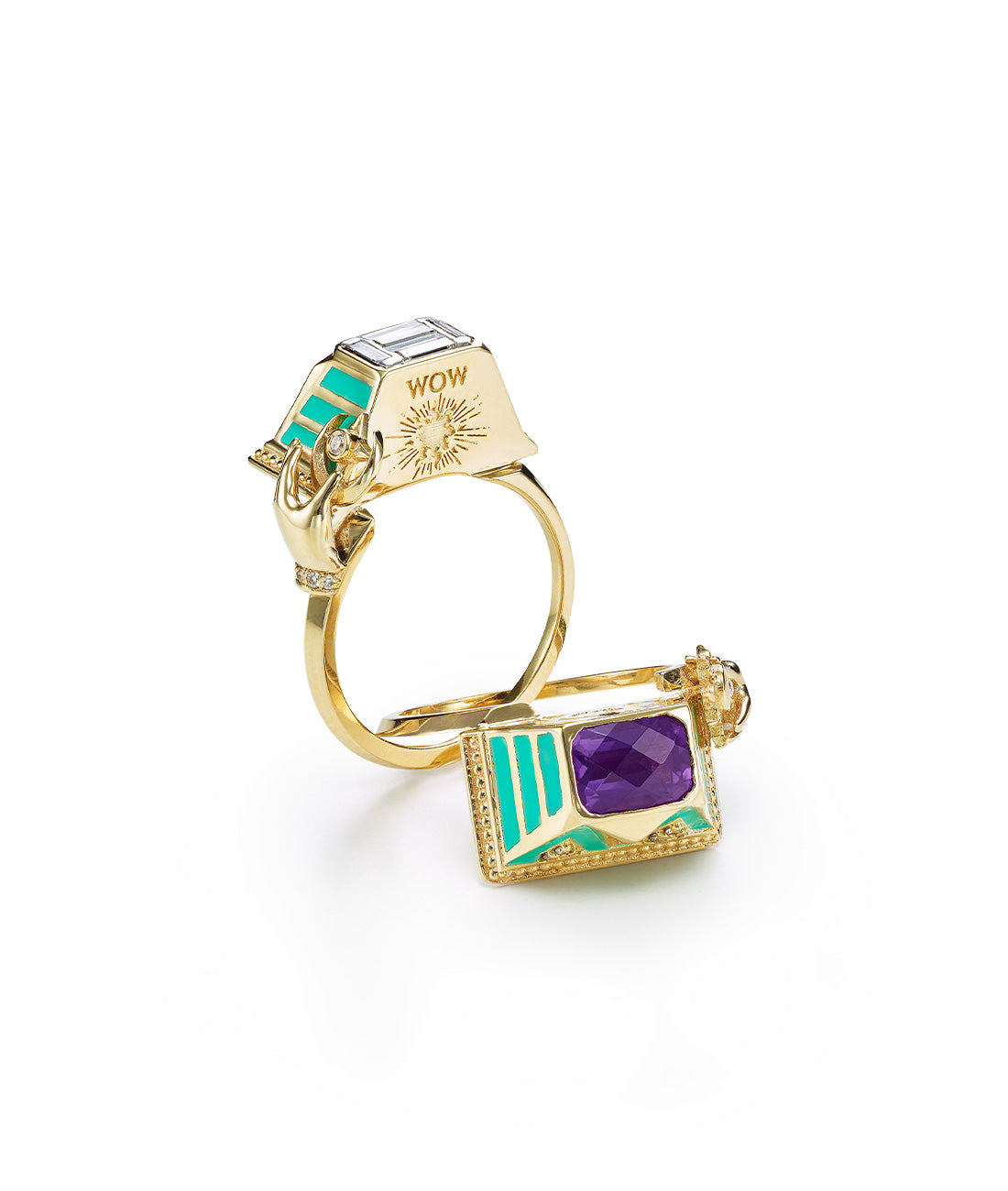 'Memento Mori' Emerald and Diamond Ring with Yellow Neon Enamel - Medium Size